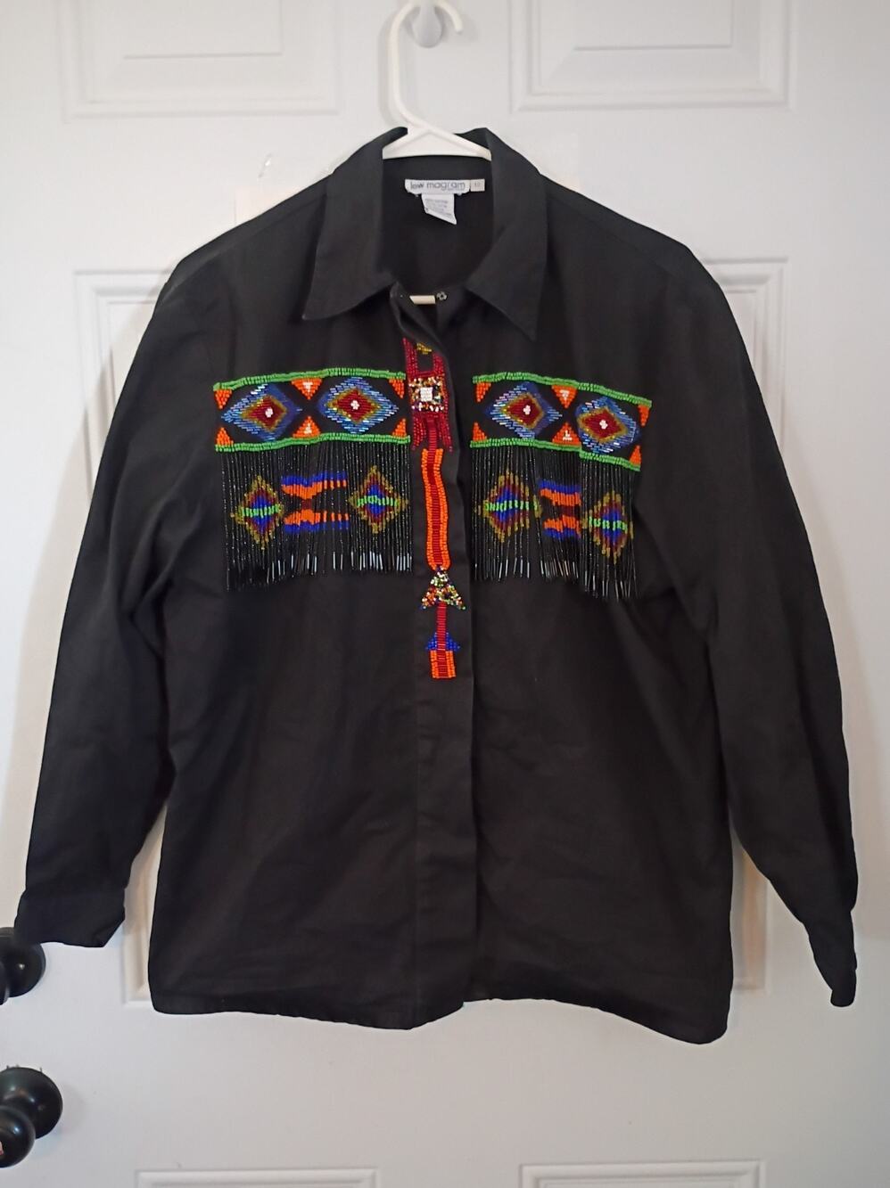 LEW MAGRAM Vintage 80s/90s WOMENBLACK BEADED FRINGE AZTEC WESTERN SHIRT Sz 12